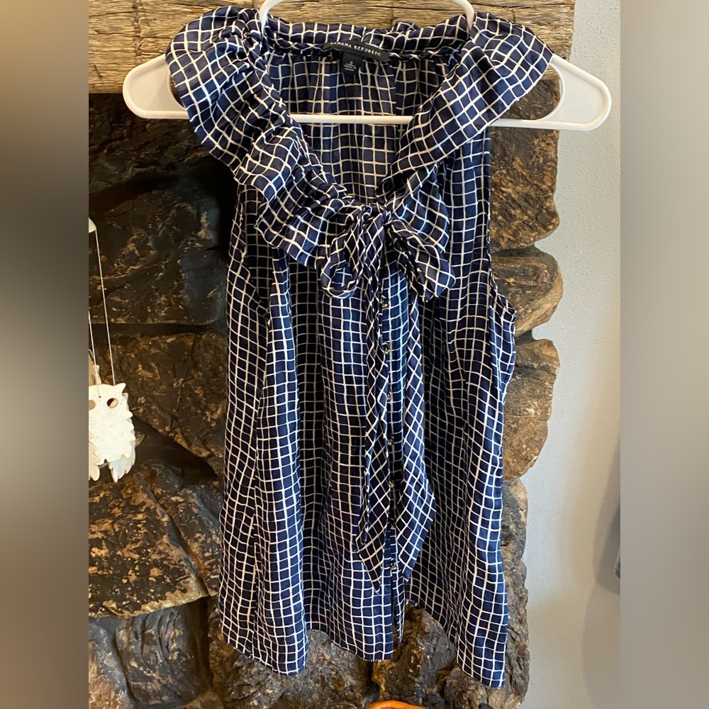 Navy and white silk tie blouse- banana republic